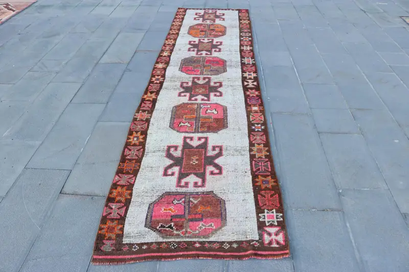 Türkischer Vintage Teppich, 3x12,1 ft Herki Teppich, rotbrauner Patchwork Wollteppich - 1