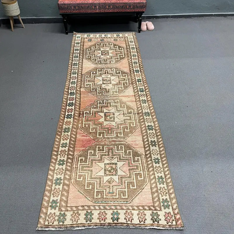 Vintage Oushak Runner Rug 3.2x9.3 ft (96x283 cm), Turkish Brown Floral Wool Rug - 1