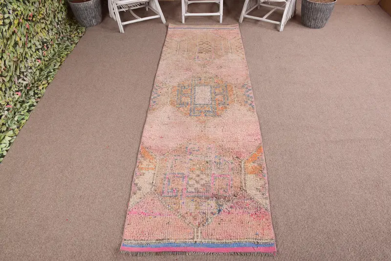 Turkish Vintage Herki Runner Rug 2.8x9.5 ft, Pink Striped Rug Wool - 1