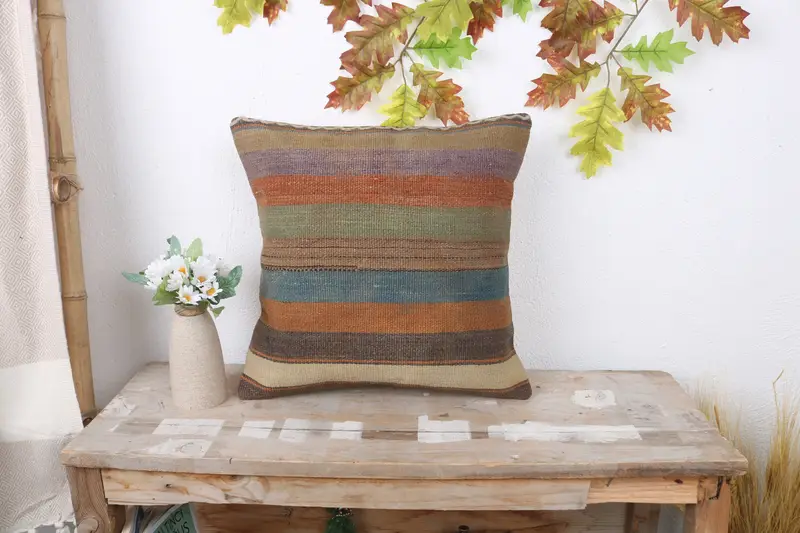 Pillow for Sofa, Boho Pillow Sham Cover, 16x16 Blue Cushion, Southwestern Cushion Cover, Vintage Kilim Throw Pillow, Pillow - 1