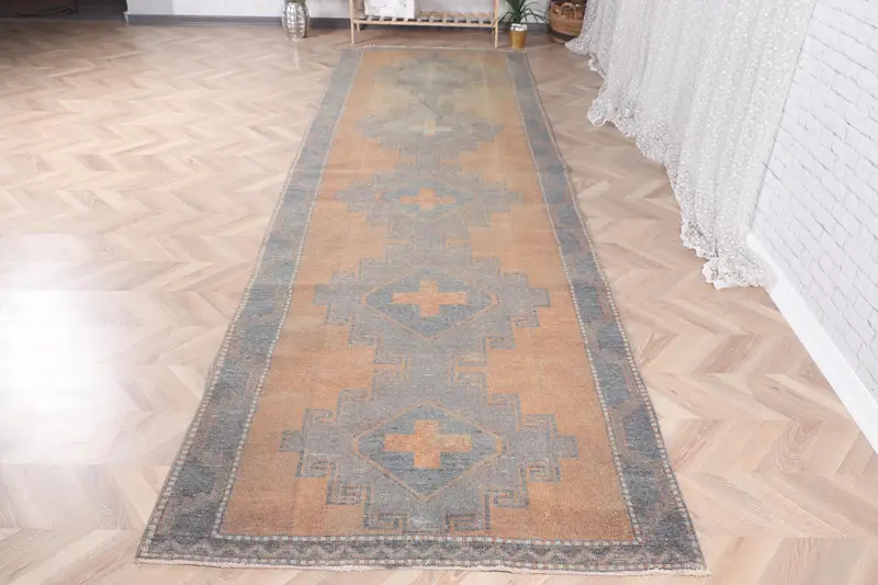 Handgefertigter Teppich mit orangefarbenen Punkten, 0,3 x 13,4 Fuß, gemütliches Dekor