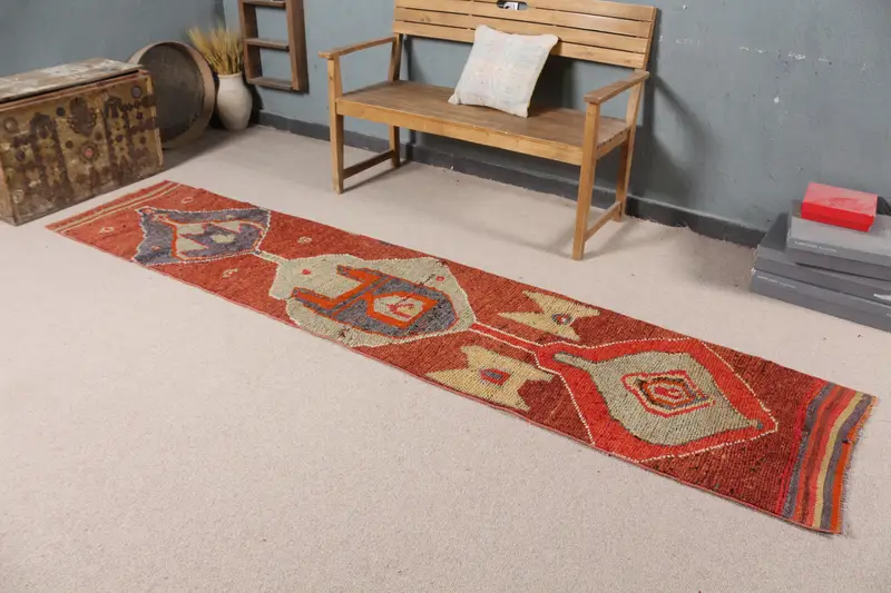 Türk Vintage Halı, 2.1x10.1 ft Runner Halı, Kırmızı Gri Ombré Halı - 1