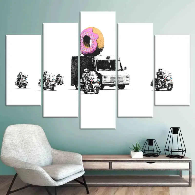 Künstlerische Banksy-Graffiti-Leinwand: Pink Donut Police Scene