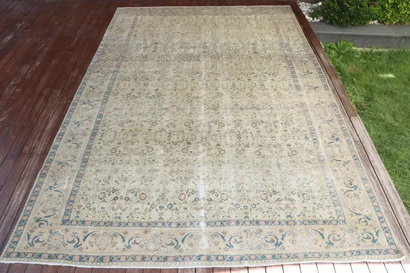 El Yapımı Bej ve Mavi Halı, 0,6x11,1 ft Bordürlü Tasarım