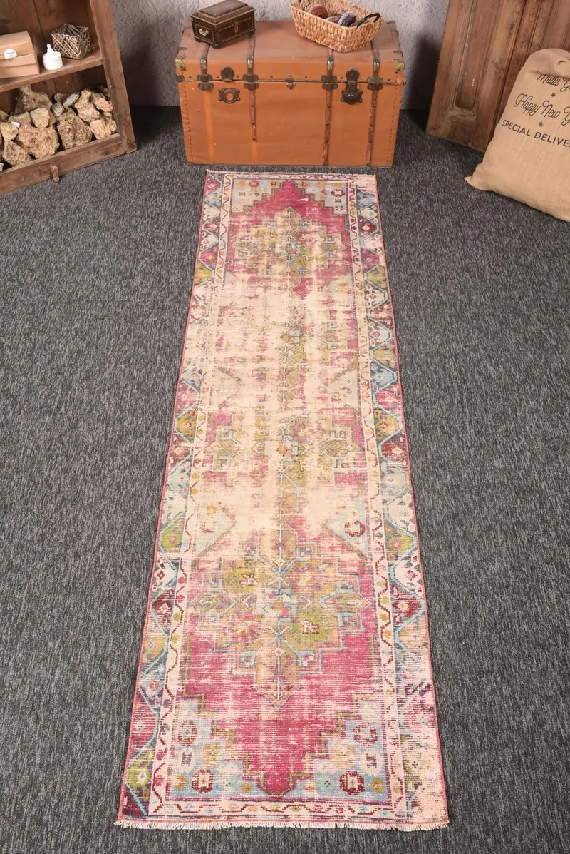 2.6x9.1 ft Oushak Rug, Turkish Vintage Rug, Red turquoise Geometric Rug - 1