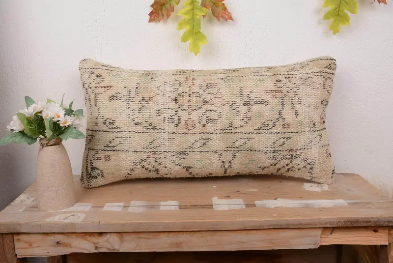 Embroidered Beige Linen Throw Pillow, 12x24 Vintage Floral Cushion