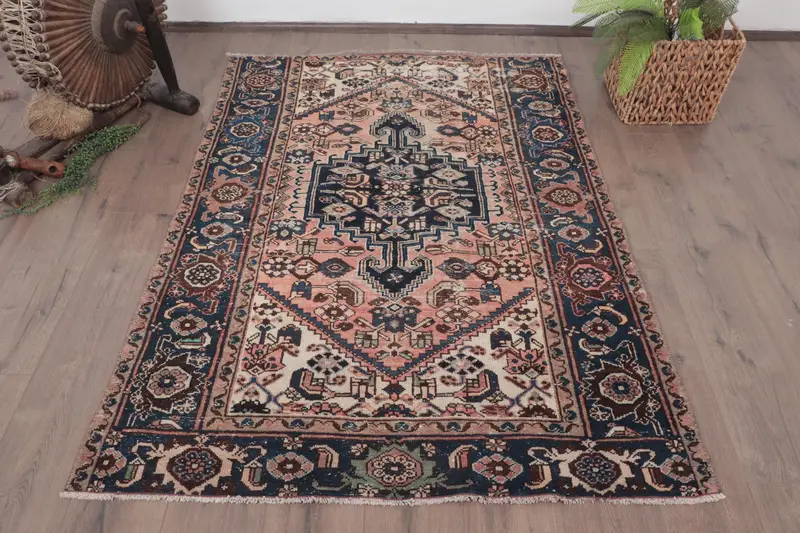 4.2x5.6 ft Vintage Rug, Accent Turkish Rug, Blue Moroccan Rug - 1