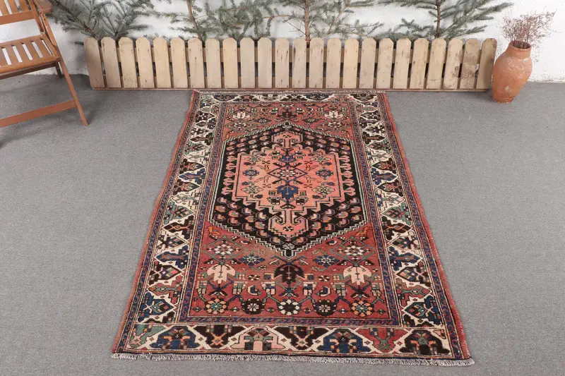 El Yapımı Turuncu ve Siyah Halı, 4,2x6,2 ft Puantiyeli