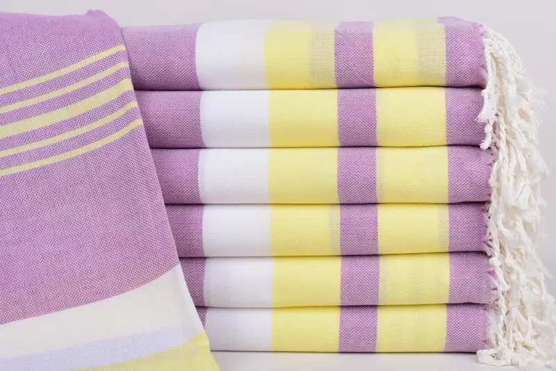 Beach Towel Monogrammed Turkish Cotton Purple-Light Yellow Stripes, 70x40 Inches