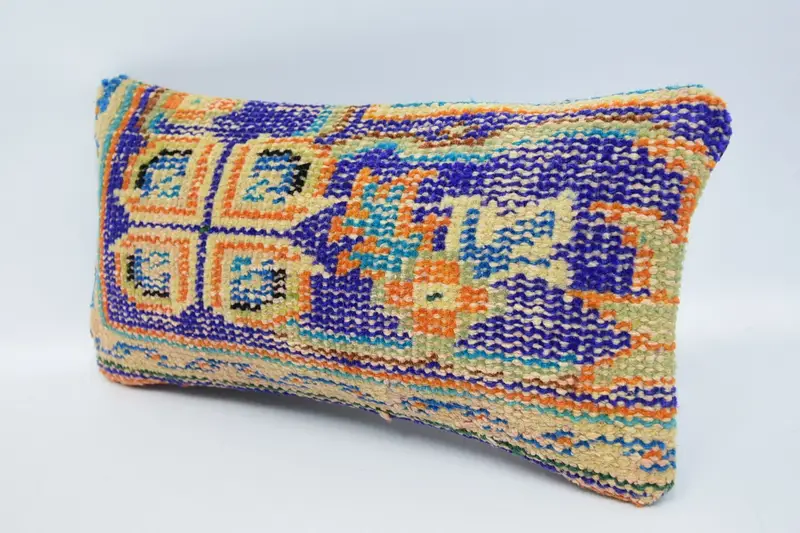Handmade Cushion Case, Gift Pillow, Ethnical Kilim Rug Pillow, Meditation Pillow Case, Turkish Pillow, Cushion Cover, 8x16 Blue Pillow Sham - 4