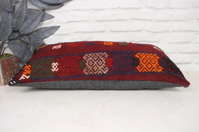 Pillow Cover, Turkish Bench Pillow Case, Pillow for Couch, Turkish Kilim Pillow, Vintage Pillow, 12x24 Red Cushion Case, Accent Throw Cushion Cover - 5