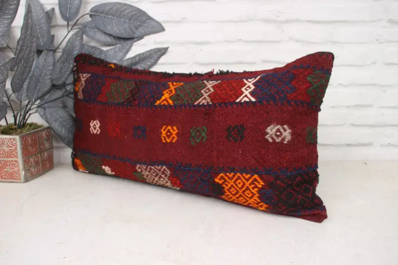 Pillow Cover, Turkish Bench Pillow Case, Pillow for Couch, Turkish Kilim Pillow, Vintage Pillow, 12x24 Red Cushion Case, Accent Throw Cushion Cover - 4