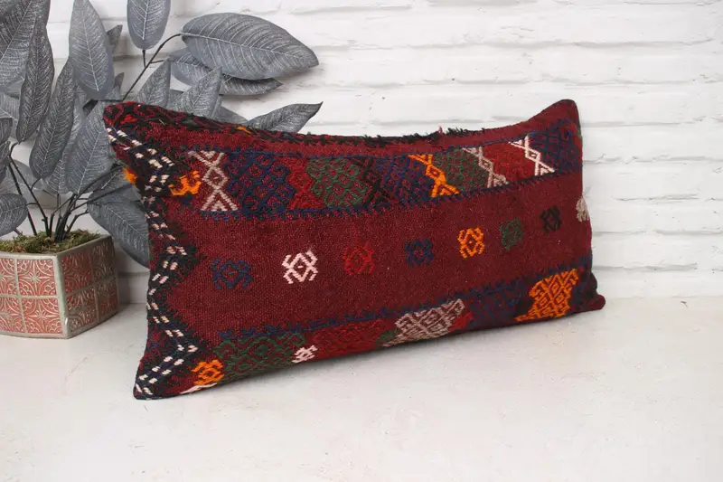 Pillow Cover, Turkish Bench Pillow Case, Pillow for Couch, Turkish Kilim Pillow, Vintage Pillow, 12x24 Red Cushion Case, Accent Throw Cushion Cover - 3