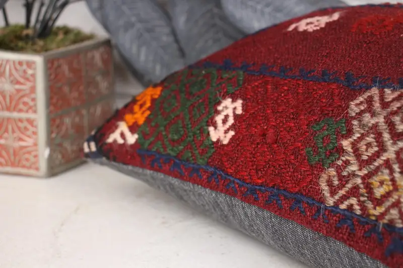 Pillow Cover, Turkish Bench Pillow Case, Pillow for Couch, Turkish Kilim Pillow, Vintage Pillow, 12x24 Red Cushion Case, Accent Throw Cushion Cover - 7