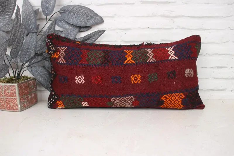 Pillow Cover, Turkish Bench Pillow Case, Pillow for Couch, Turkish Kilim Pillow, Vintage Pillow, 12x24 Red Cushion Case, Accent Throw Cushion Cover - 1