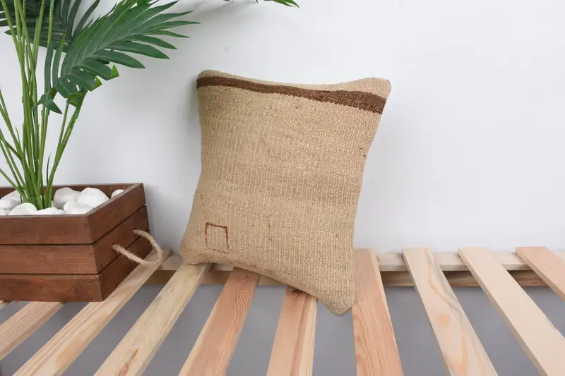 Vintage Kilim Pillow, Home Decor Pillow, Aesthetic Pillow Sham, 12x12 Beige Pillow, Cushion Case, Vintage Pillow, Handmade Throw Pillow Cover - 5