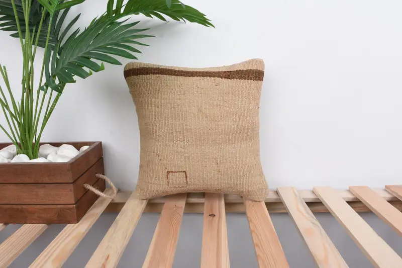 Vintage Kilim Pillow, Home Decor Pillow, Aesthetic Pillow Sham, 12x12 Beige Pillow, Cushion Case, Vintage Pillow, Handmade Throw Pillow Cover - 1