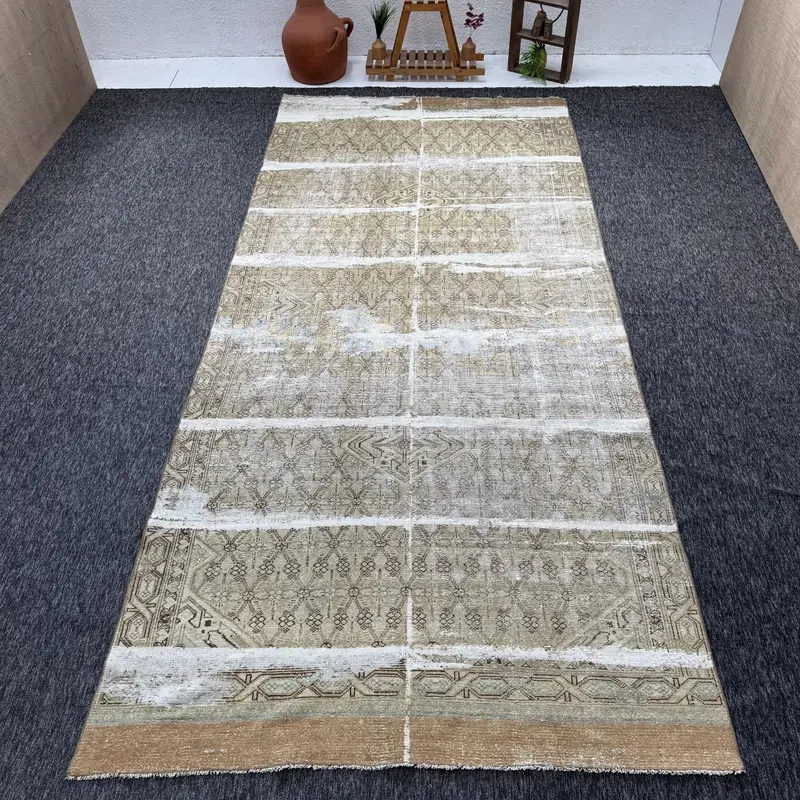 5.9x13 ft Area Turkish Vintage Rug, Green Geometric Wool Rug - 1