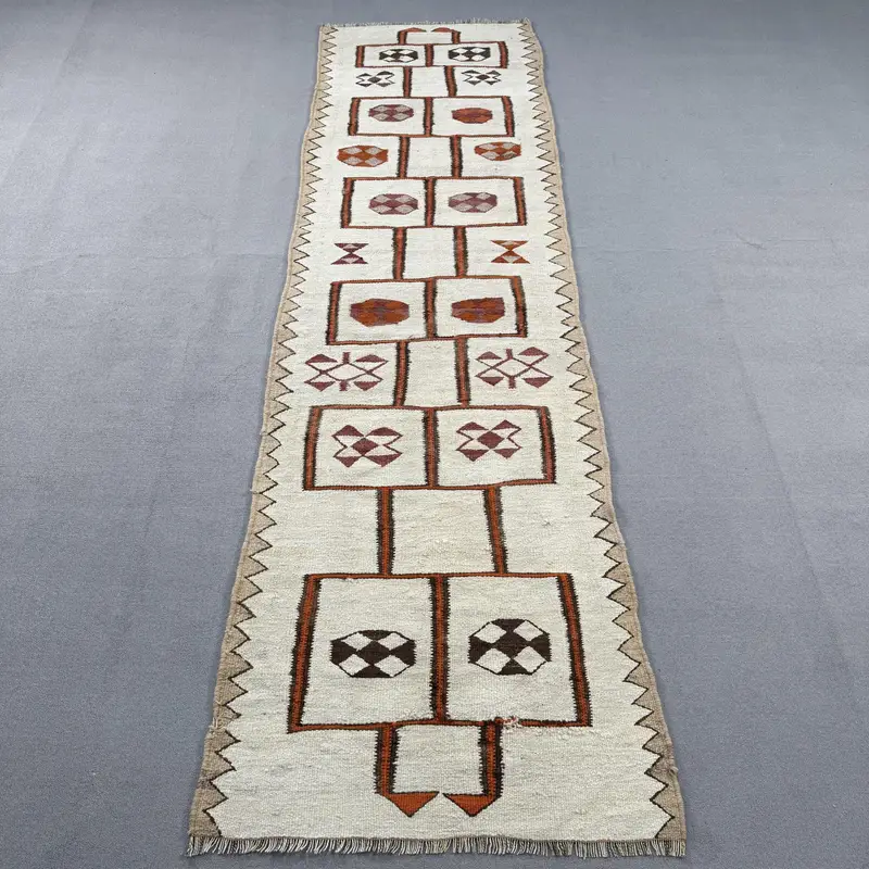 3.2x11.2 ft Vintage Rug, Turkish Runner Rug, White Brown Solid Rug - 1