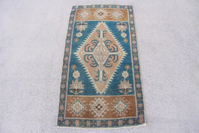 Blue Ikat Rug, 1.9x3.5 ft Blue & Brown Accent