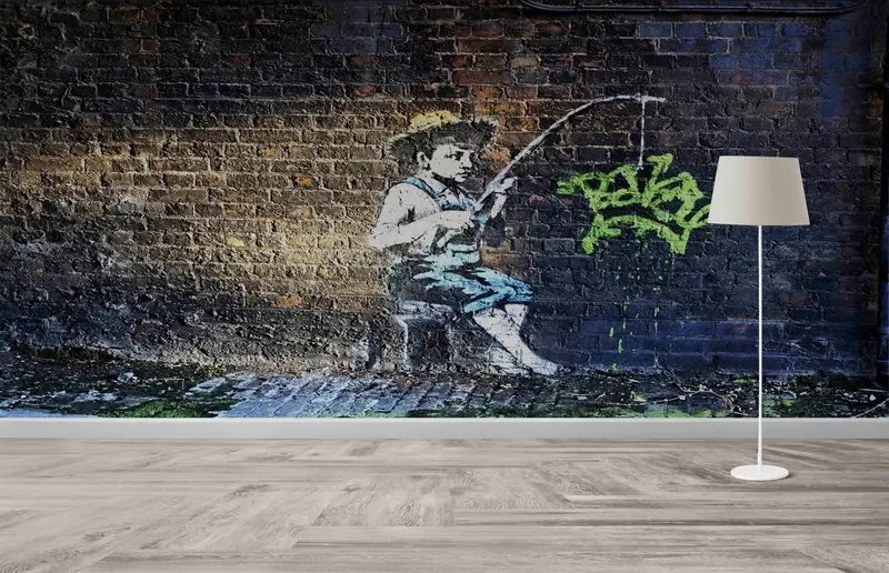 Modern Mekanlar için Sanatsal Banksy Graffiti Baskılı Duvar Kağıdı