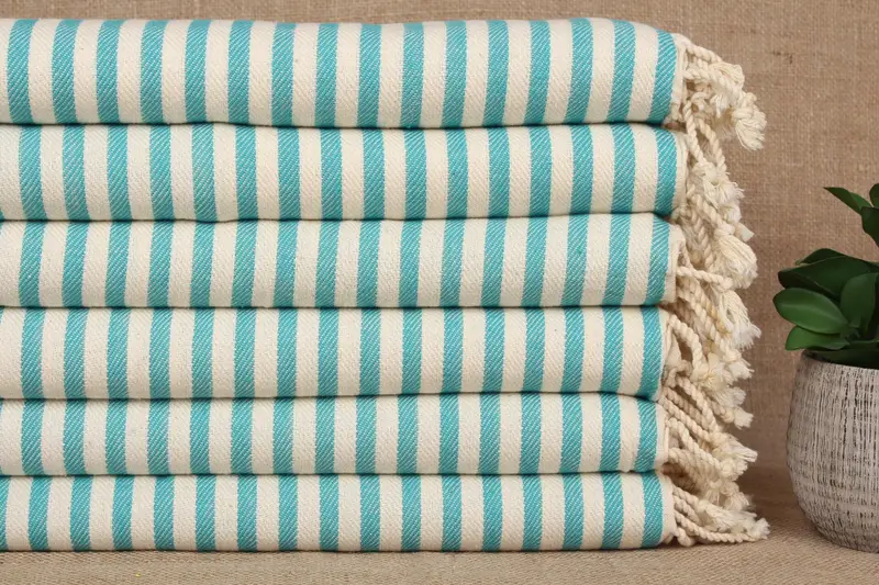 Petrol Blue Striped Organic Cotton Hand Towel, 18x40 Inches