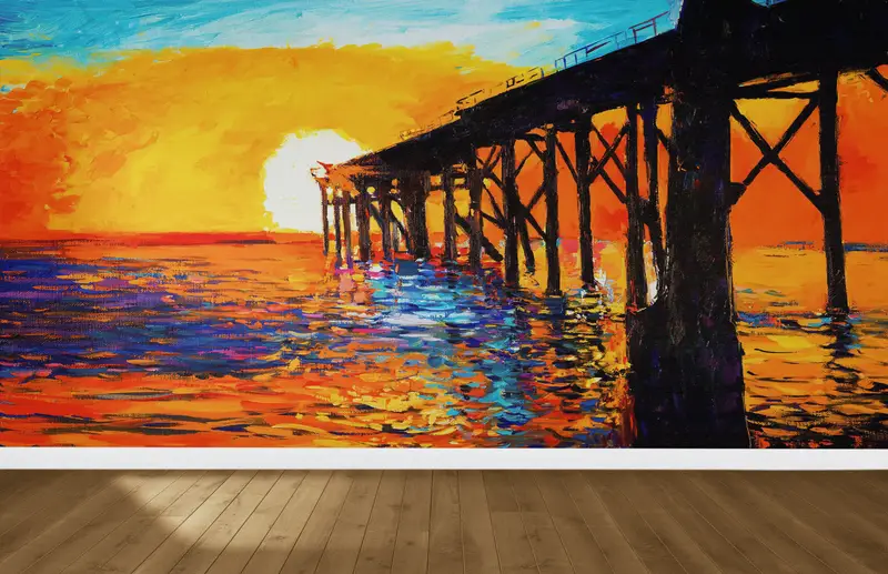 Papel pintado estampado elegante con paisaje marino al atardecer: transforma tu espacio
