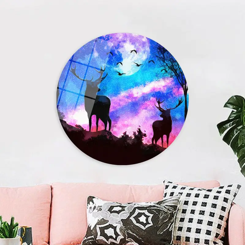Modern Abstract Forest Canvas: Full Moon & Aurora Lights