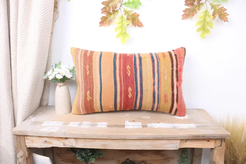 Pillow, Vintage Kilim Throw Pillow, 12x20 Orange Cushion Case, Crochet Pattern Pillow Case, Bolster Throw Pillow, Kilim Pillow, Vintage Kilim Pillow - 1