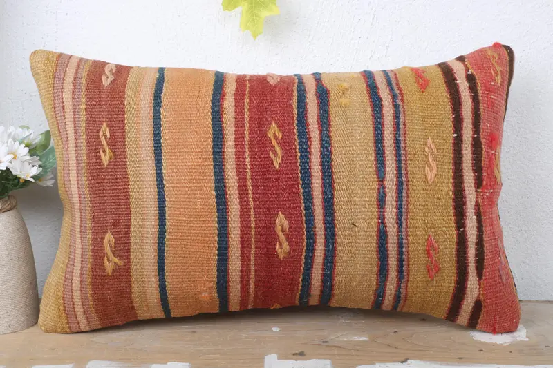 Pillow, Vintage Kilim Throw Pillow, 12x20 Orange Cushion Case, Crochet Pattern Pillow Case, Bolster Throw Pillow, Kilim Pillow, Vintage Kilim Pillow - 2