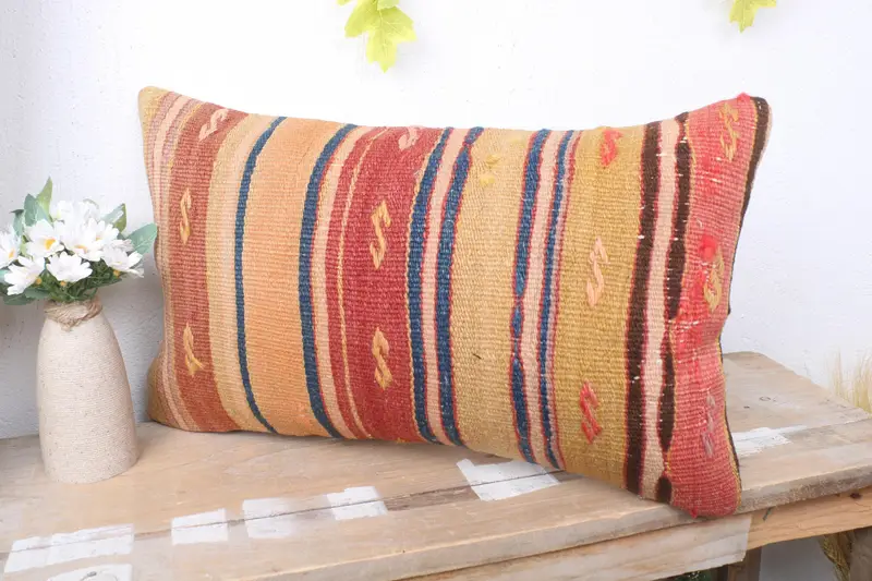 Pillow, Vintage Kilim Throw Pillow, 12x20 Orange Cushion Case, Crochet Pattern Pillow Case, Bolster Throw Pillow, Kilim Pillow, Vintage Kilim Pillow - 4