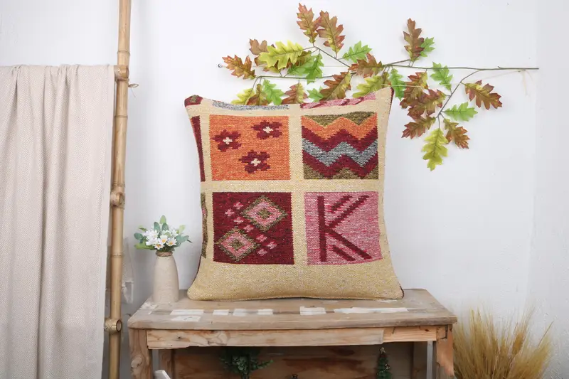 Vintage Pillow, Turkish Pillow, 24x24 Orange Cushion, Pillow, Neutral Throw Pillow Sham, Boho Pillow Sham Cover, Authentic Pillow Case - 7