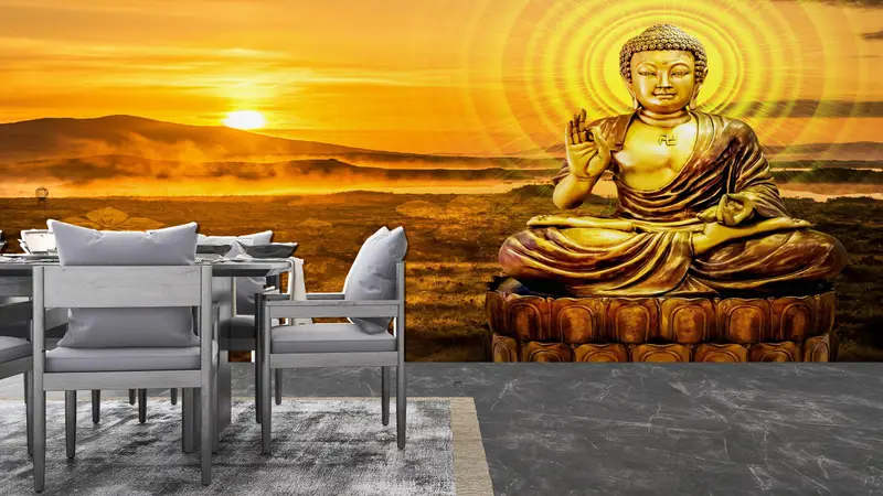 Moderne Wandmalerei, Papierwandkunst, Handlungenschale und Stock, Buddha -Wandplakat, helles, wandtebuddhistisches Wanddruck, - 6