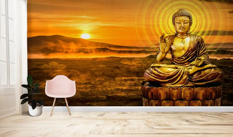 Moderne Wandmalerei, Papierwandkunst, Handlungenschale und Stock, Buddha -Wandplakat, helles, wandtebuddhistisches Wanddruck, - 3
