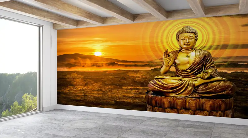 Moderne Wandmalerei, Papierwandkunst, Handlungenschale und Stock, Buddha -Wandplakat, helles, wandtebuddhistisches Wanddruck, - 2