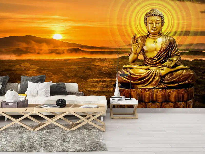 Moderne Wandmalerei, Papierwandkunst, Handlungenschale und Stock, Buddha -Wandplakat, helles, wandtebuddhistisches Wanddruck, - 4
