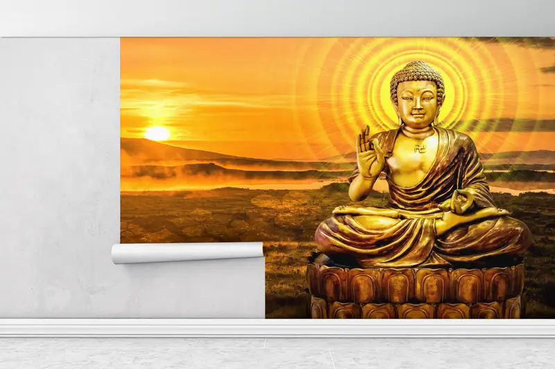Moderne Wandmalerei, Papierwandkunst, Handlungenschale und Stock, Buddha -Wandplakat, helles, wandtebuddhistisches Wanddruck, - 1