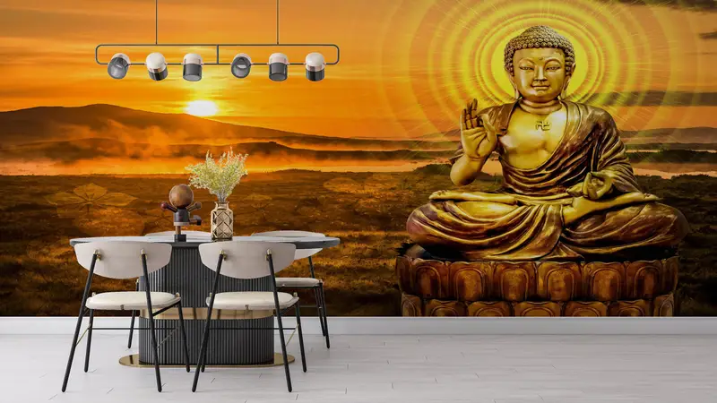 Moderne Wandmalerei, Papierwandkunst, Handlungenschale und Stock, Buddha -Wandplakat, helles, wandtebuddhistisches Wanddruck, - 9