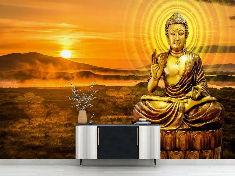 Moderne Wandmalerei, Papierwandkunst, Handlungenschale und Stock, Buddha -Wandplakat, helles, wandtebuddhistisches Wanddruck, - 5