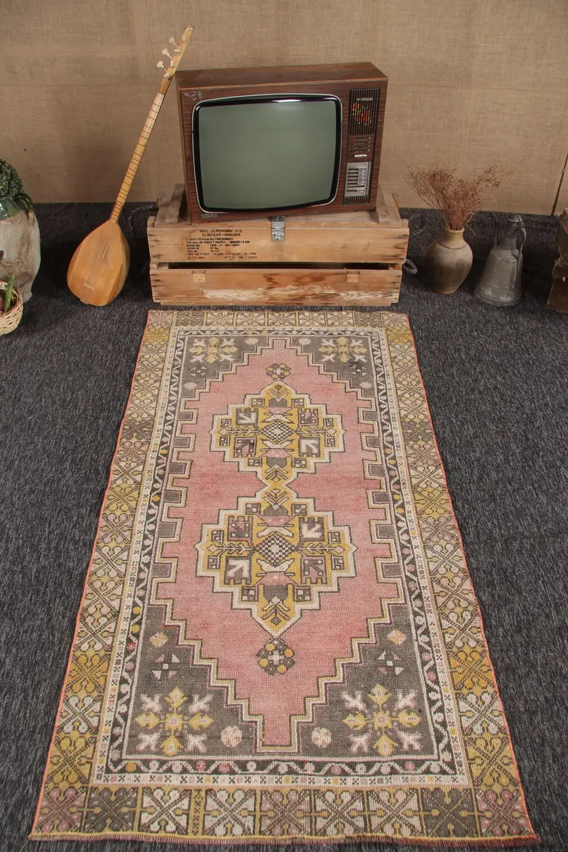 Vintage Turkish Accent Rug 3.3x6.2 ft, Pink Yellow Paisley Rug - 1