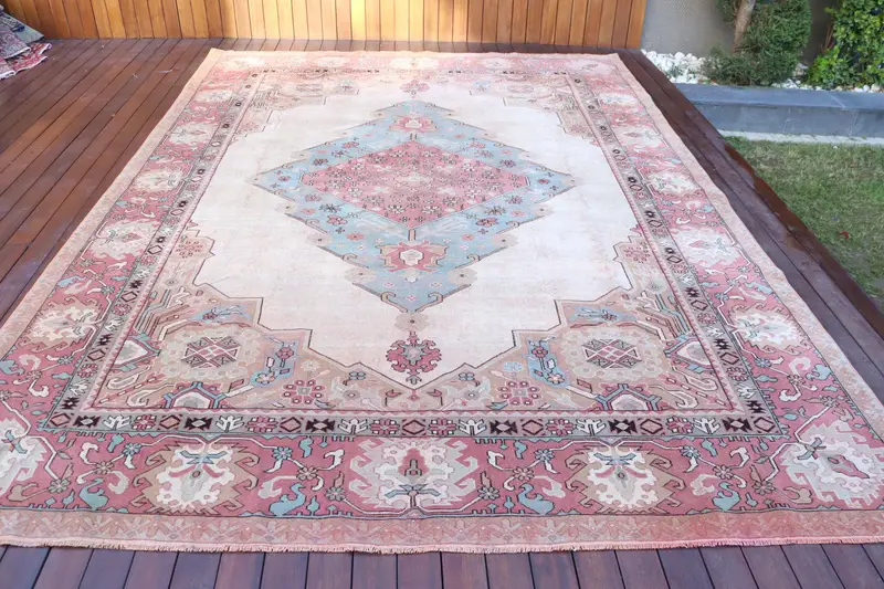 Türk Oushak Halısı 8.3x11.6 ft, Kırmızı Mavi Katı Yün Vintage Halı - 1