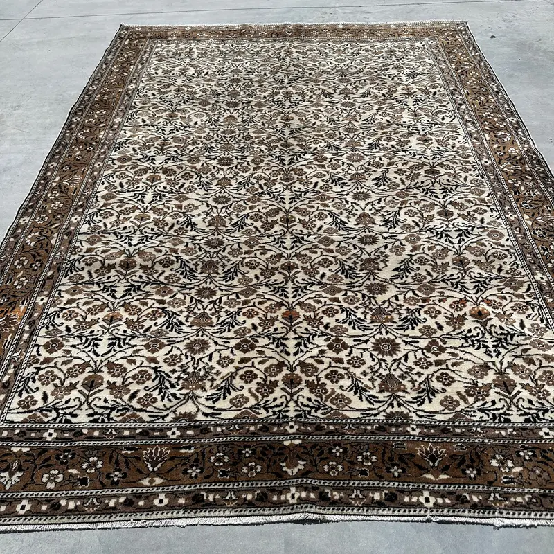 Vintage Turkish Large Rug 6.46x9 ft, Beige Brown Plants & trees Rug - 1