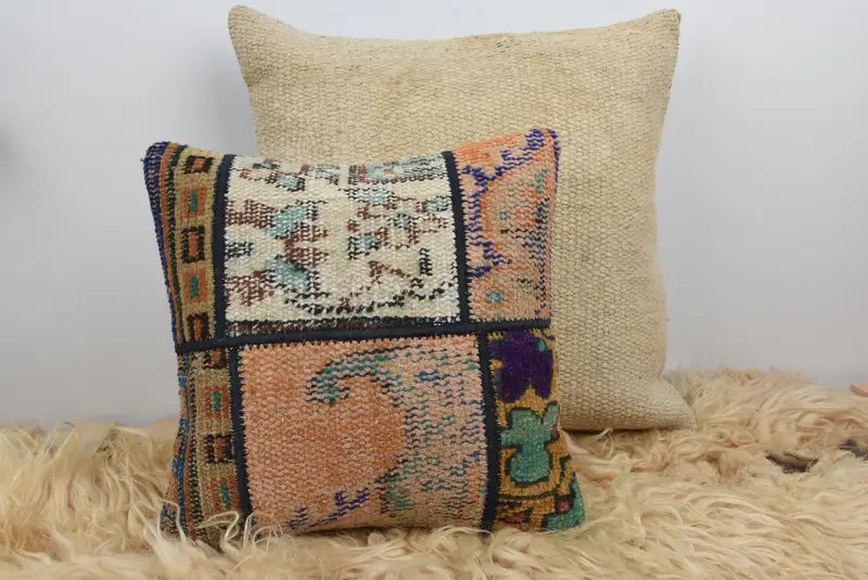 14x14 Orange Pillow Cover, Ethnical Kilim Rug Pillow, Kilim Pillow Cover, Pillow Sham, Hippie Throw Pillow, Interior Designer Pillow - 6