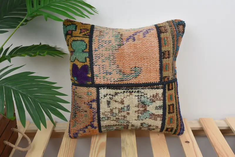 14x14 Orange Pillow Cover, Ethnical Kilim Rug Pillow, Kilim Pillow Cover, Pillow Sham, Hippie Throw Pillow, Interior Designer Pillow - 1