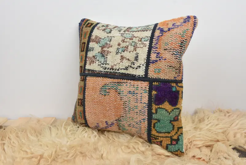 14x14 Orange Pillow Cover, Ethnical Kilim Rug Pillow, Kilim Pillow Cover, Pillow Sham, Hippie Throw Pillow, Interior Designer Pillow - 7
