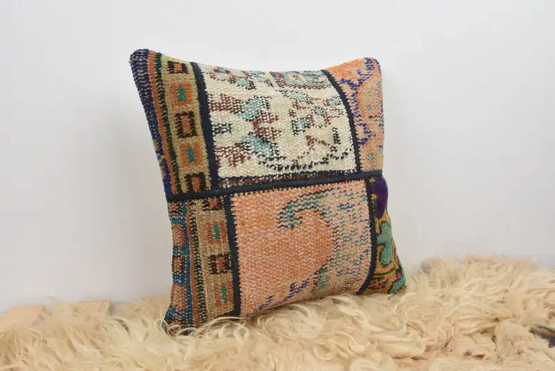 14x14 Orange Pillow Cover, Ethnical Kilim Rug Pillow, Kilim Pillow Cover, Pillow Sham, Hippie Throw Pillow, Interior Designer Pillow - 8