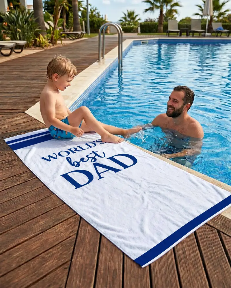 Navy Blue Beach Towel, Personalized Fathers Day Gift, Classic Summer Towel for Dad - 1