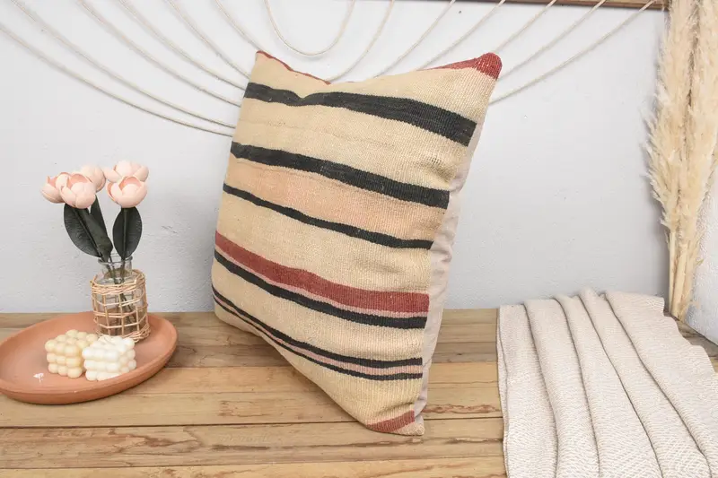 Sofa Pillow Sham, Throw Kilim Pillow, Natural Cushion Cover, Kilim Pillow Cover, Gift Pillow, 24x24 Beige Pillow, Nomadic Pillow Case, Cushion - 4