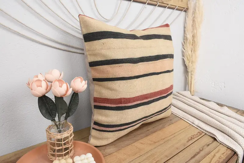 Sofa Pillow Sham, Throw Kilim Pillow, Natural Cushion Cover, Kilim Pillow Cover, Gift Pillow, 24x24 Beige Pillow, Nomadic Pillow Case, Cushion - 1