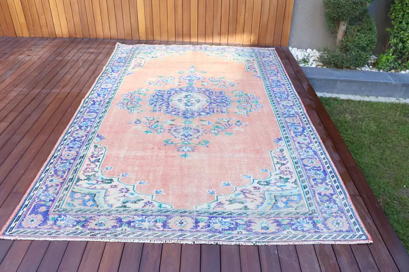 Turkish Large Rug, 6.2x9.5 ft Vintage Rug, Pink Oushak Wool Rug - 1